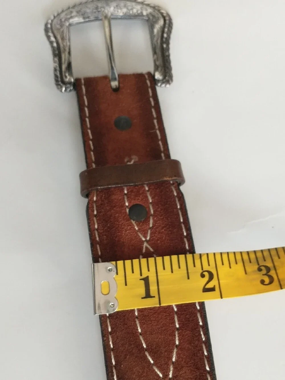 Brown Bonded Leather/ Suede Men’s Belt with Decorative Silver Buckle